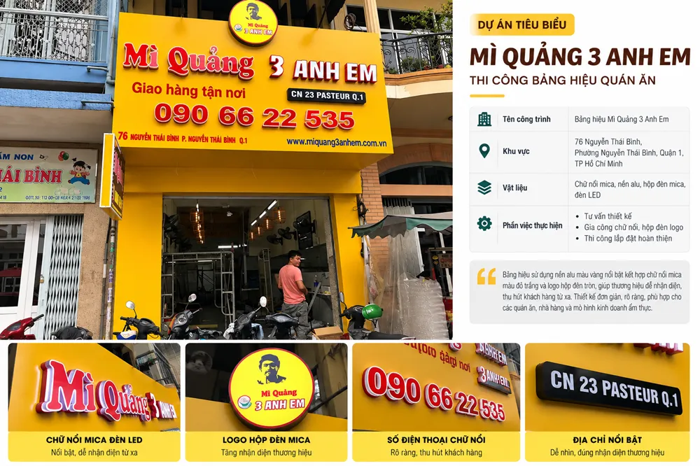 Mẫu bảng hiệu Mì Quảng 3 Anh Em nền vàng, chữ nổi đỏ viền trắng và logo hộp đèn tròn.