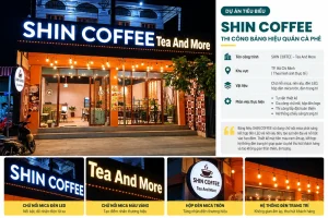 Mẫu bảng hiệu SHIN COFFEE chữ nổi mica phát sáng LED trên nền alu đen vào ban đêm.