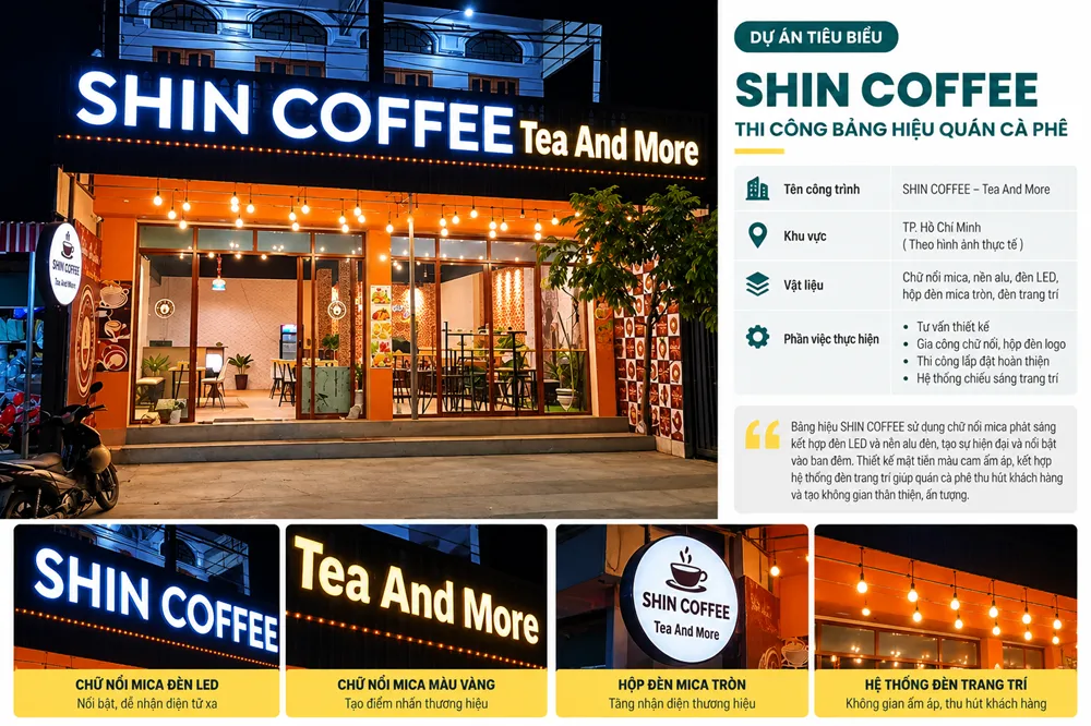 Mẫu bảng hiệu SHIN COFFEE chữ nổi mica phát sáng LED trên nền alu đen vào ban đêm.