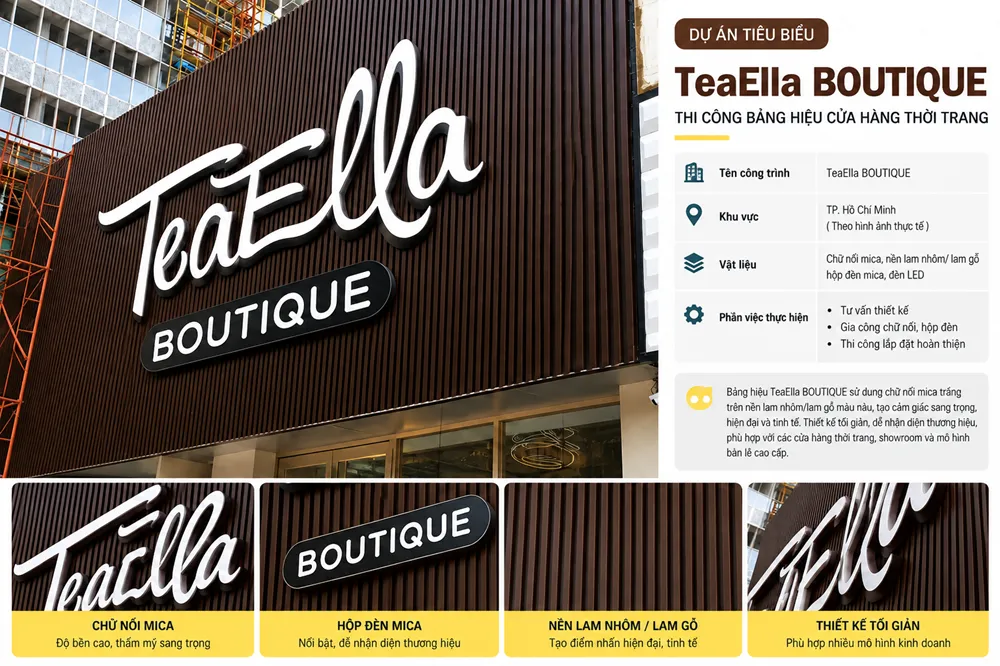 Mẫu bảng hiệu TeaElla Boutique chữ nổi mica trắng trên nền lam sọc nâu sang trọng.
