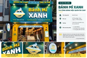 Mẫu bảng hiệu cửa hàng bánh mì nền alu xanh, chữ nổi mica vàng trắng kết hợp đèn LED.