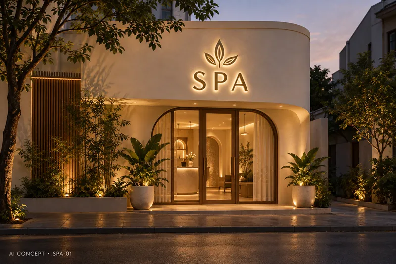 Biển chữ nổi vàng hắt sáng cho spa.