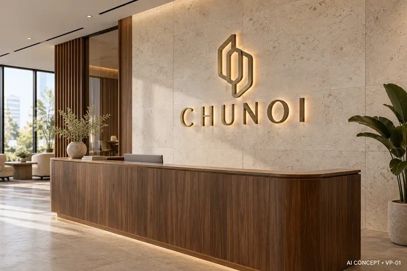 Chữ nổi vàng hắt sáng cho quầy lễ tân.